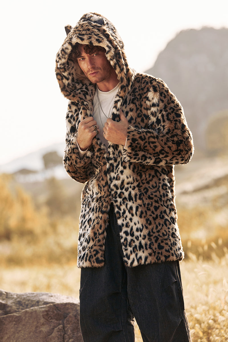 Hellymoon Men Leopard Print Faux Fur Fashion Hooded Coat Plush Cold Resistance Mid Long Fur Jacket hellymoonuk