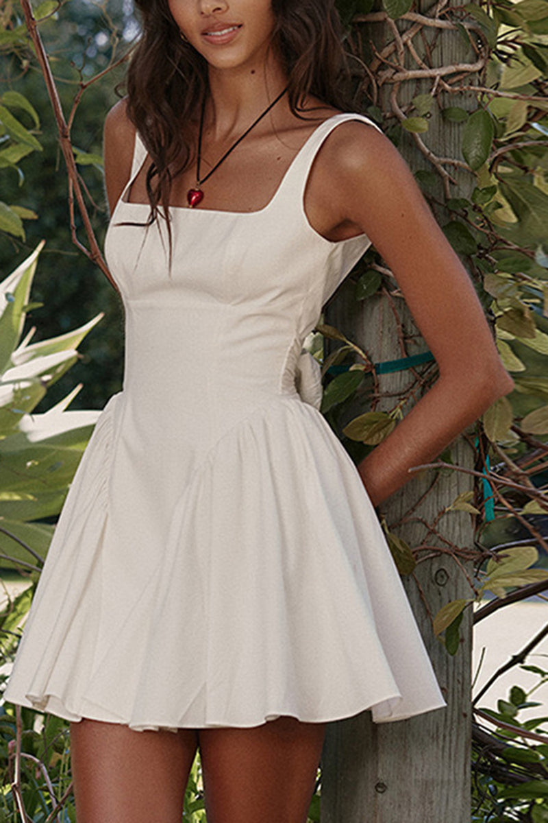 A Line Square Neck Open Back Mini White Graduation Dress