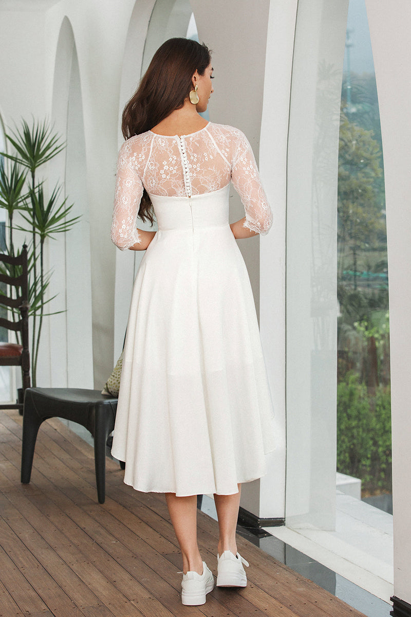 Hellymoon Women White Graduation Dress with Lace Sleeves High Low A Line Midi Cocktail Dress hellymoonuk