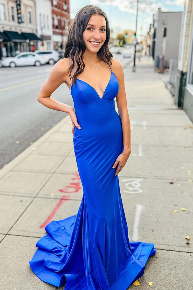 Royal blue spaghetti strap prom clearance dress