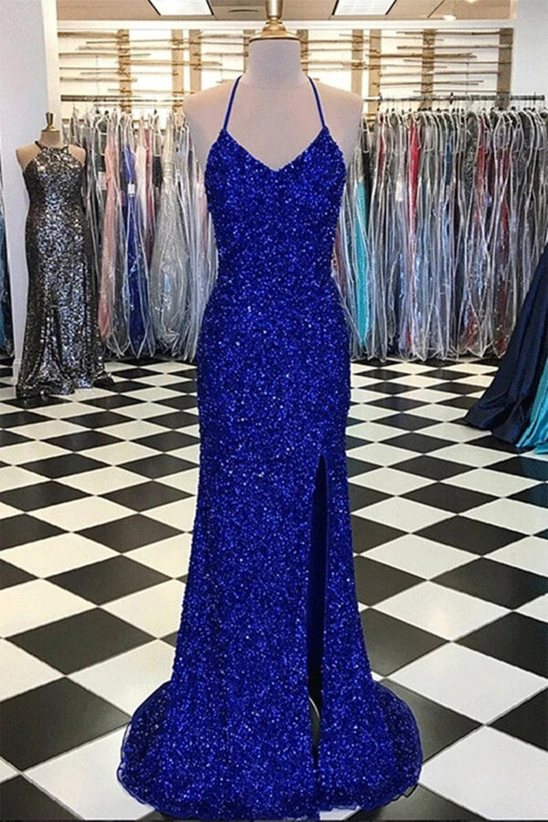 Women Sequin Prom Dress Royal Blue Mermaid Spaghetti Straps Backless Formal Dress hellymoonuk