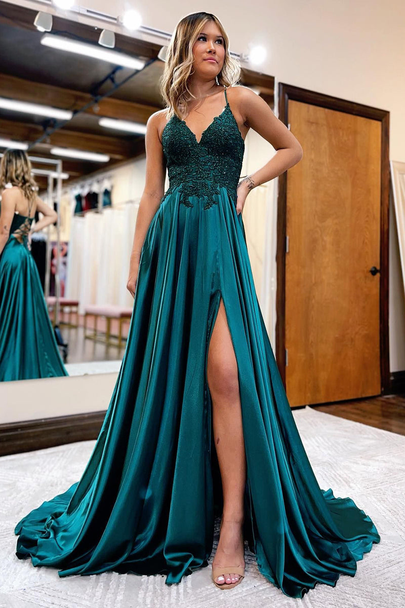 Hellymoon Women Satin Beaded Prom Dress with Slit A Line Green Party Dress with Slit hellymoonuk