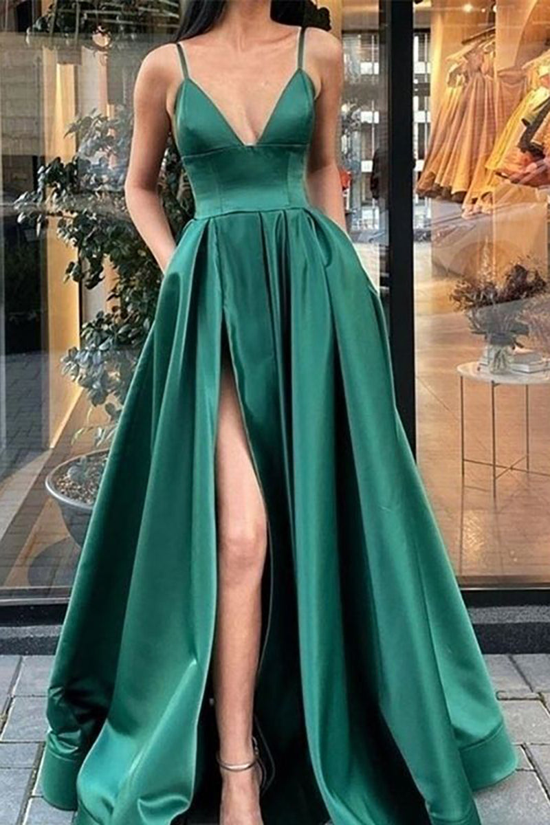 Hellymoon Women Satin Prom Dress with Pockets Green A Line Sleeveless