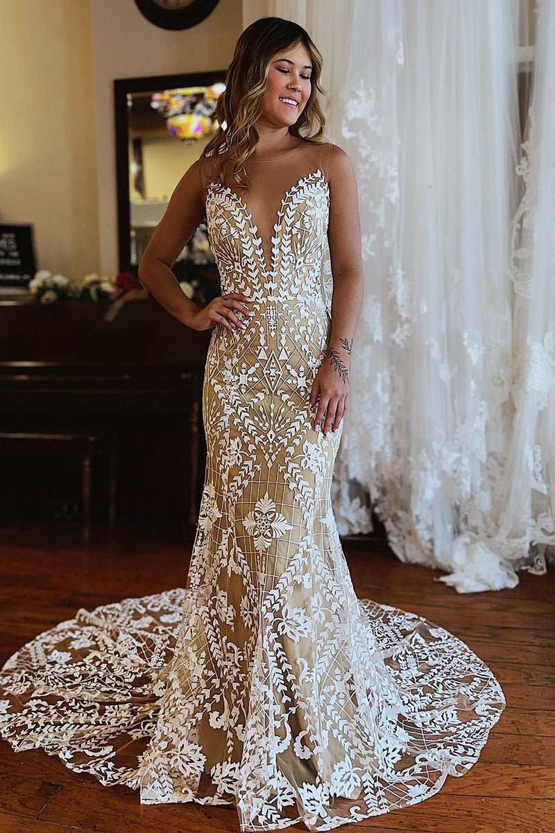 Champagne Illusion Boat Neck Mermaid Long Lace Wedding Dress