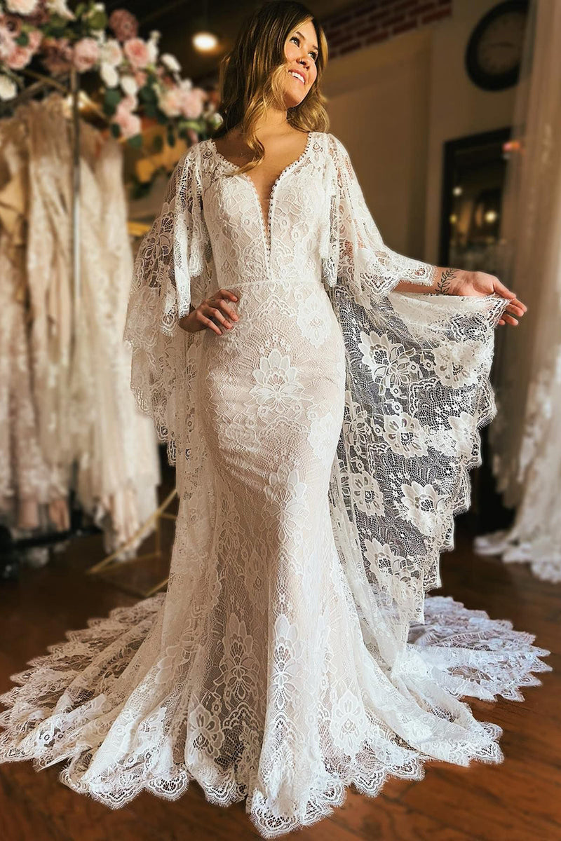 Hellymoon Women Ivory Lace Mermaid Wedding Dress Cape Backless Long Train Bridal Dress with Appliques hellymoonuk