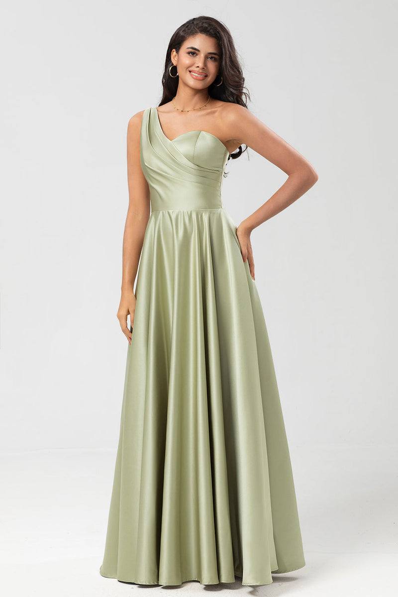 Hellymoon Women One Shoulder Bridesmaid Dress With Pockets Satin Green A Line Wedding Party 