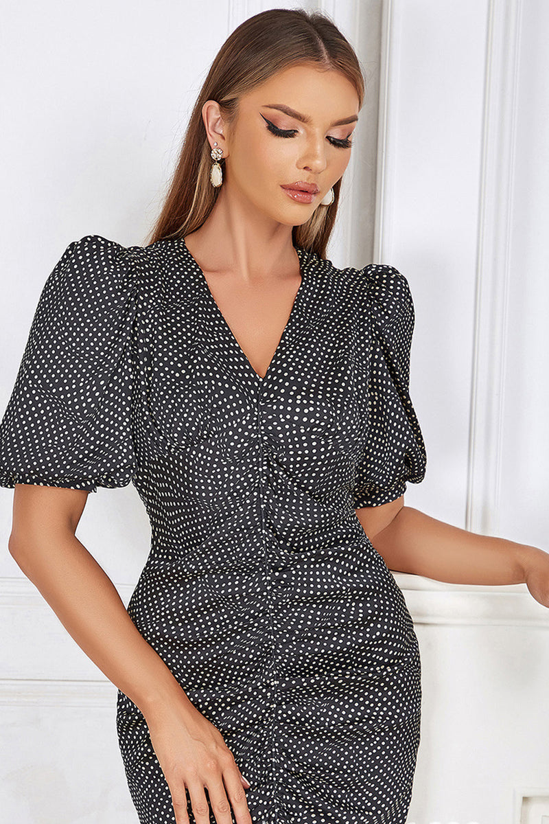 Load image into Gallery viewer, Black Bodycon V Neck Polka Dot Ruched Formal Dress with Puff Sleeves