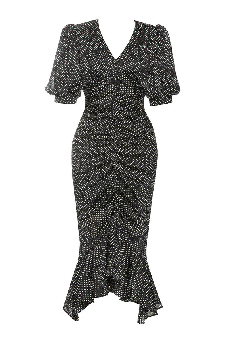 Load image into Gallery viewer, Black Bodycon V Neck Polka Dot Ruched Formal Dress with Puff Sleeves