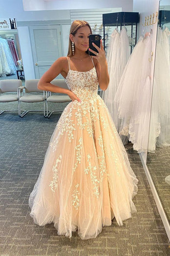 Princess Yellow Appliques Spaghetti Straps Prom Dress