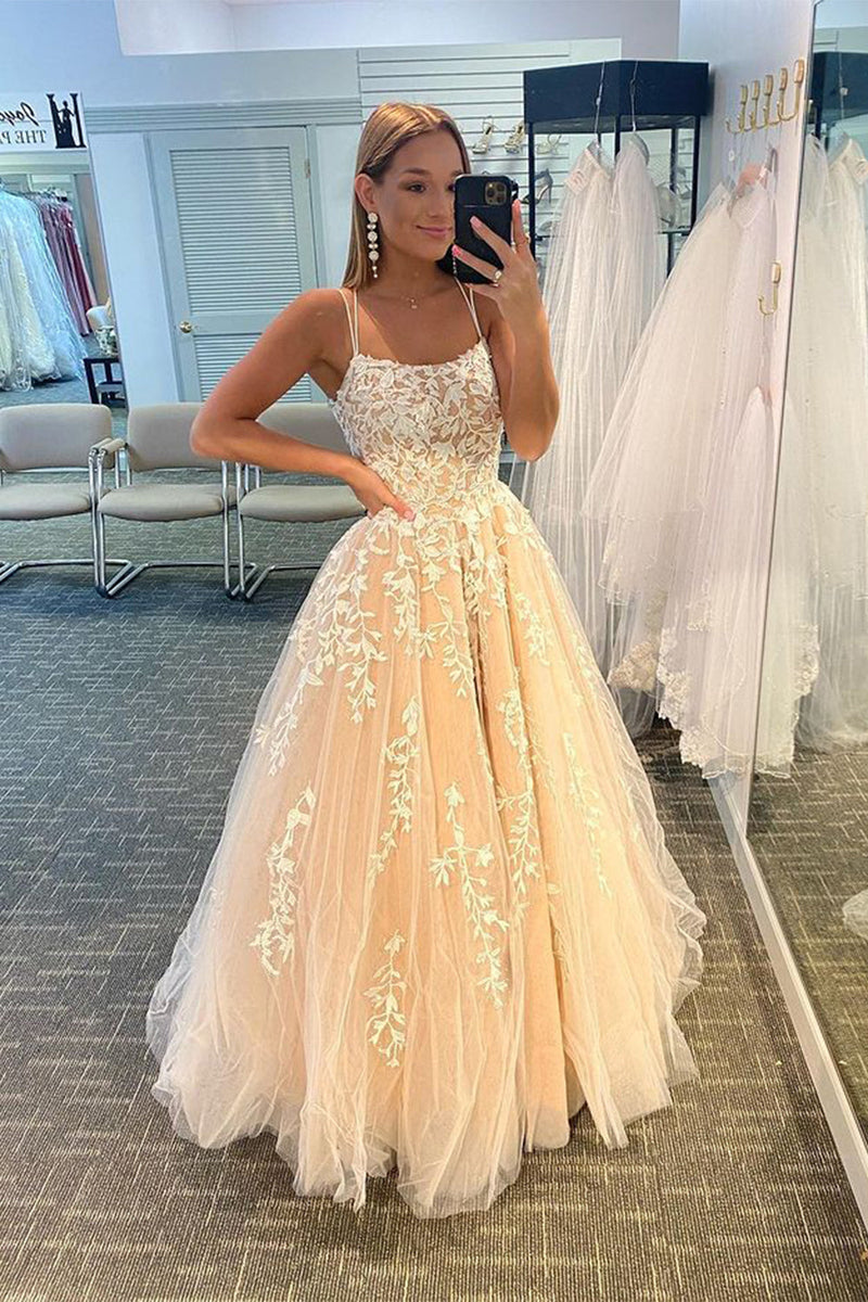 Load image into Gallery viewer, Princess Yellow Appliques Spaghetti Straps Prom Dress