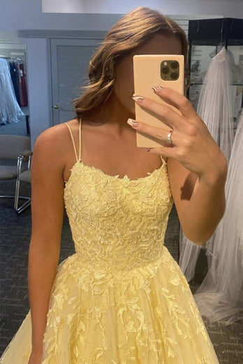 Princess Yellow Appliques Spaghetti Straps Prom Dress