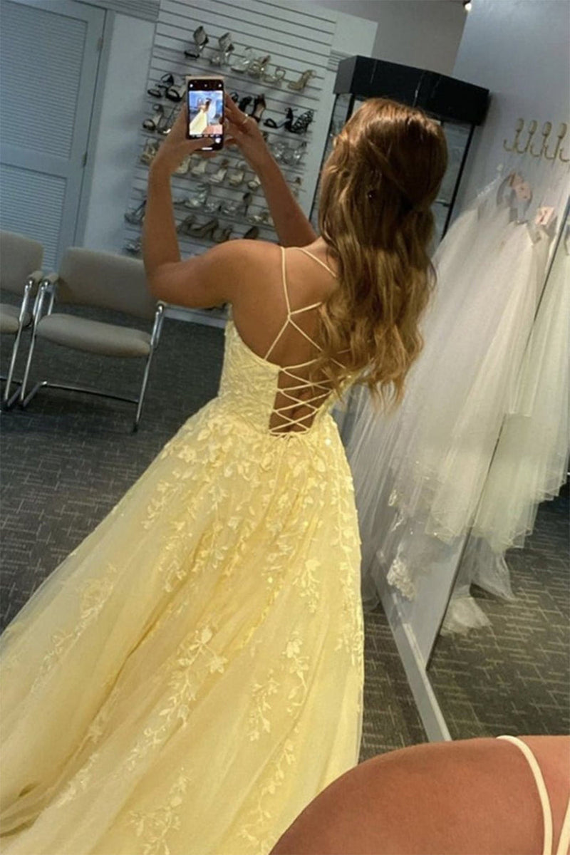 Load image into Gallery viewer, Princess Yellow Appliques Spaghetti Straps Prom Dress