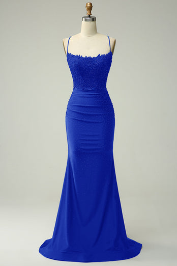 Halter Royal Blue Mermaid Prom Dress with Beading