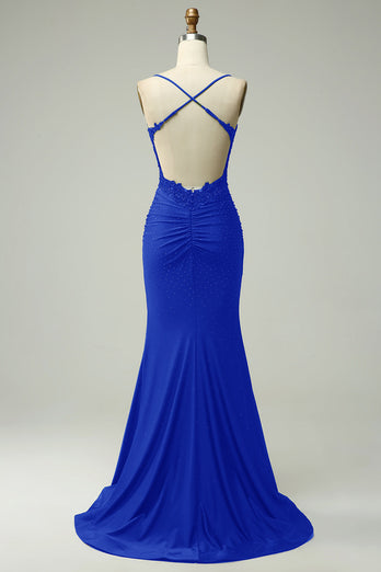 Royal Blue Halter Mermaid Prom Dress with Beading