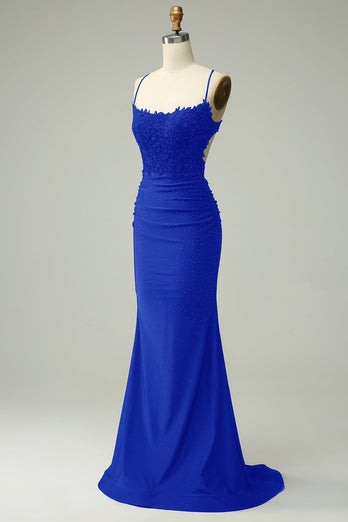 Halter Royal Blue Mermaid Prom Dress with Beading