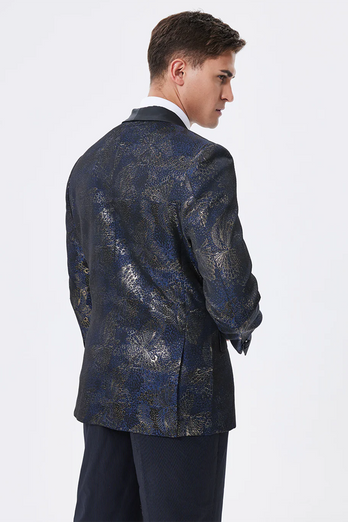 Dark Navy Jacquard Shawl Lapel Men's Prom Blazer