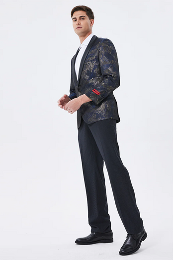 Dark Navy Jacquard Shawl Lapel Men's Prom Blazer