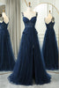 Load image into Gallery viewer, Navy A-Line Spaghetti Straps Tulle Princess Prom Dress with Appliques