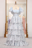 Load image into Gallery viewer, Light Blue Printed A Line Square Neck Long Tiered Prom Dress