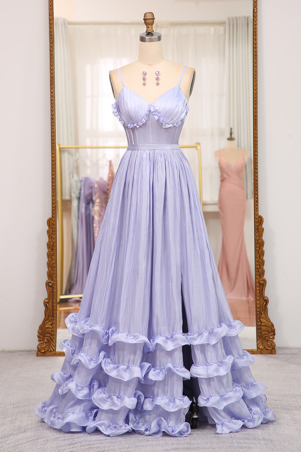 A-Line Lavender Spaghetti Strap Long Prom Dress with Slit