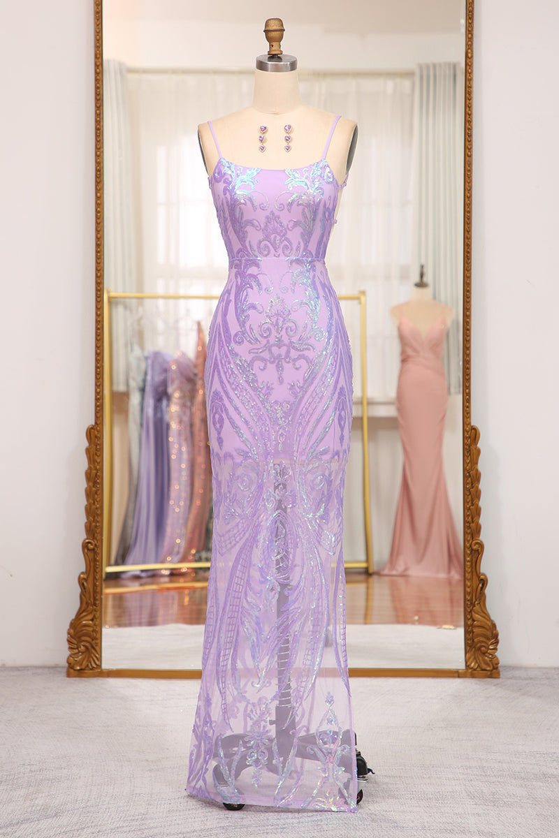 Load image into Gallery viewer, Lilac Mermaid Spaghetti Straps Backless Long Prom Dress With Sequin