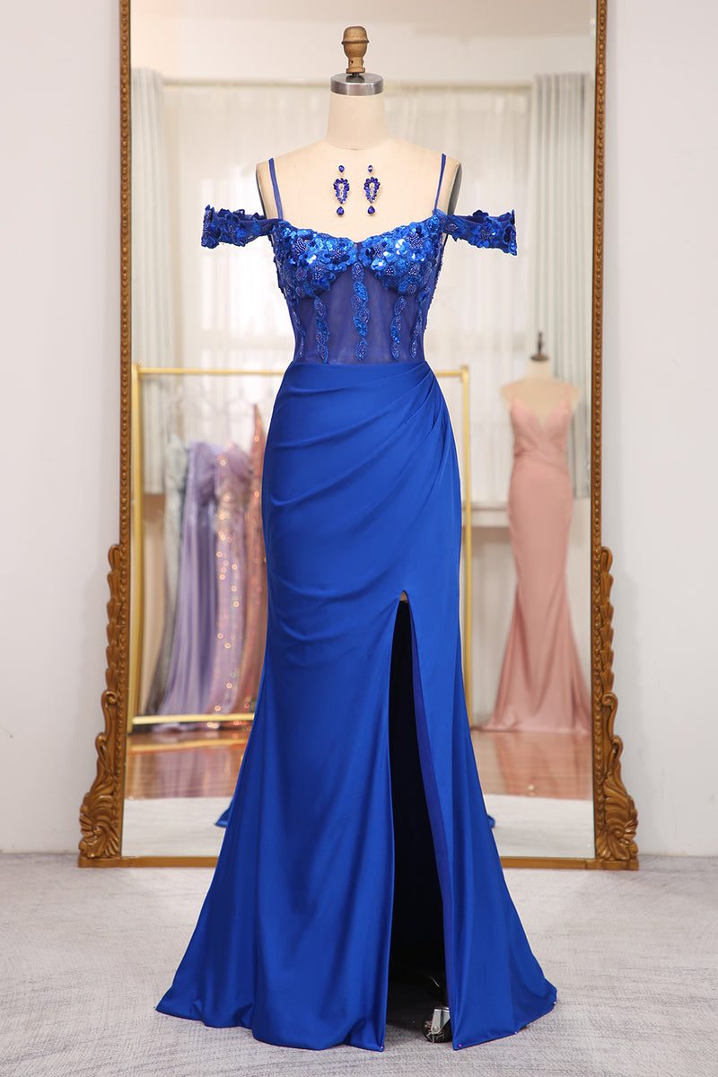 Load image into Gallery viewer, Sparkly Mermaid Royal Blue Off The Shoulder Long Prom Dress With Appliques