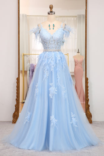 Light Blue A-line Tulle Corset Prom Dress with Appliques