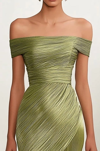 Metallic Satin Green Off The Shoulder Sheath Prom Dress