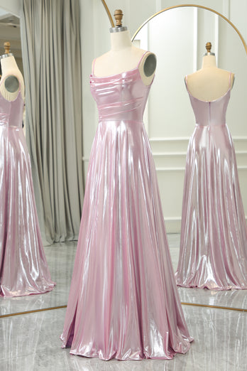 Pink A Line Spaghetti Straps Long Prom Dress with Slit