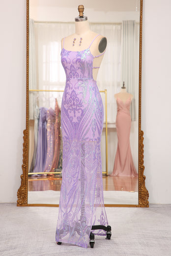 Lilac Mermaid Spaghetti Straps Backless Long Prom Dress With Sequin