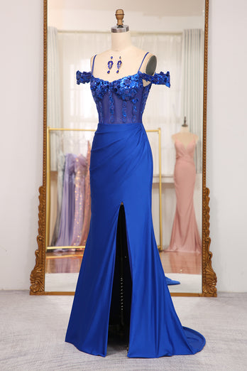 Sparkly Mermaid Royal Blue Off The Shoulder Long Prom Dress With Appliques