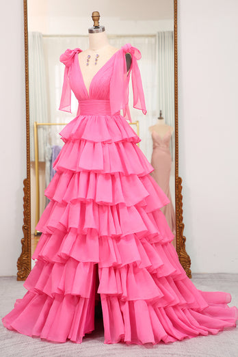 A Line Hot Pink V Neck Long Tiered Prom Dress with Slit