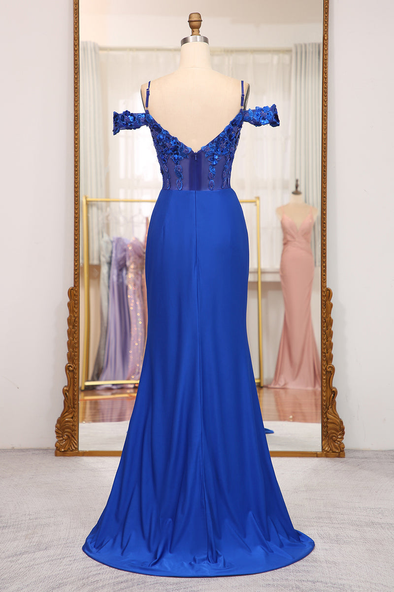 Load image into Gallery viewer, Sparkly Mermaid Royal Blue Off The Shoulder Long Prom Dress With Appliques