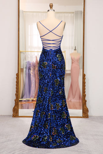 Sparkly Mermaid Navy Spaghetti Straps Long Sequin Prom Dress