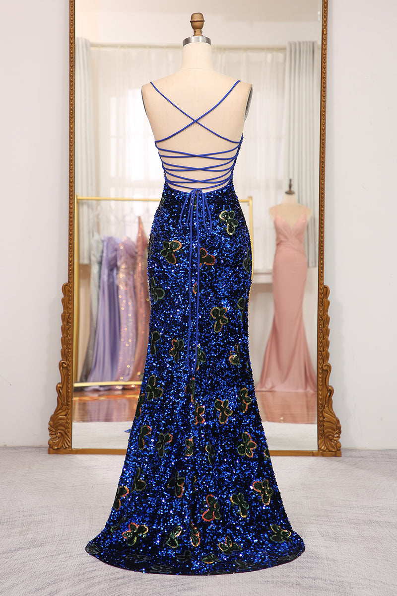 Load image into Gallery viewer, Sparkly Mermaid Navy Spaghetti Straps Long Sequin Prom Dress