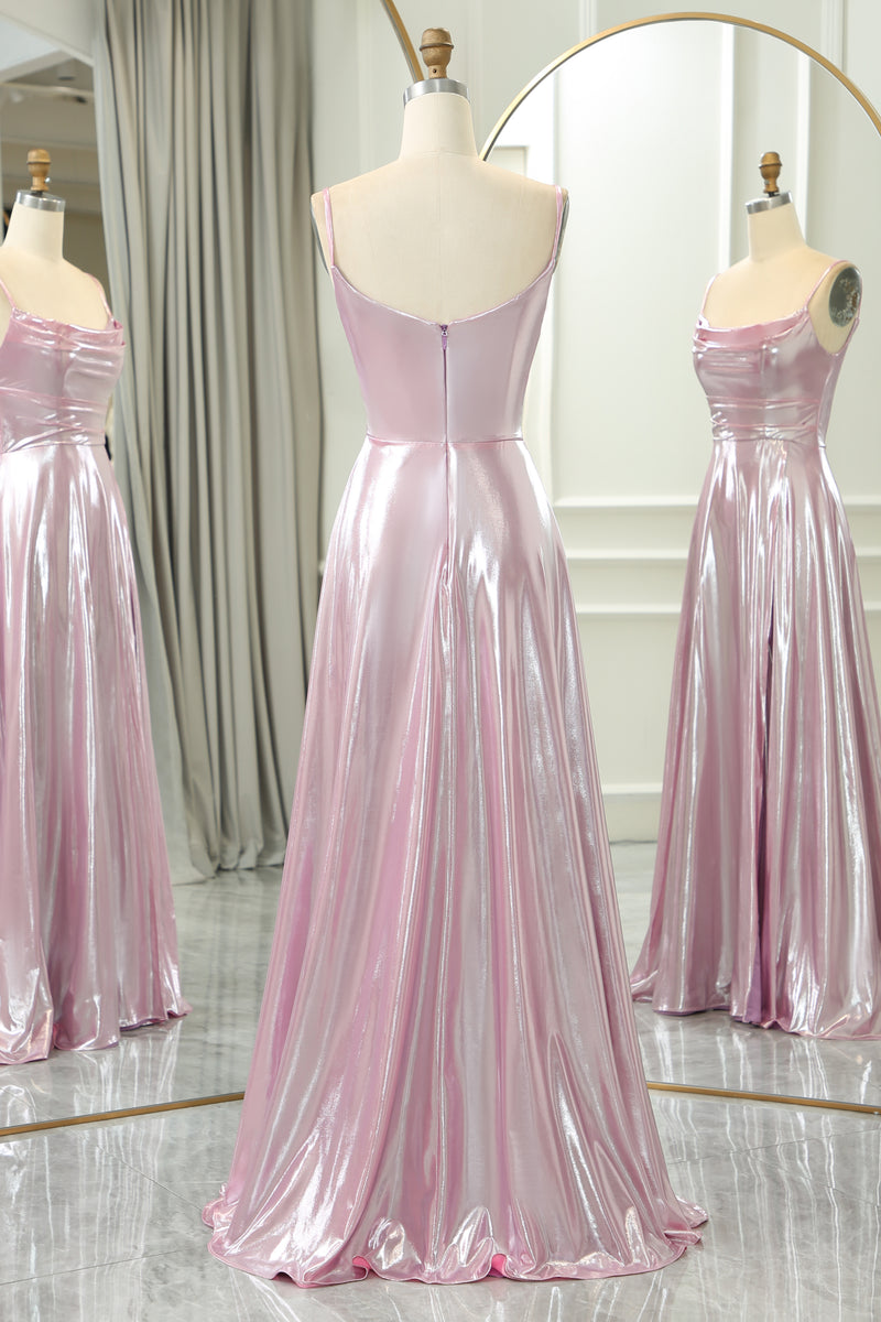 Load image into Gallery viewer, Pink A Line Spaghetti Straps Long Prom Dress with Slit