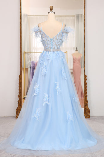 Light Blue A-line Tulle Corset Prom Dress with Appliques