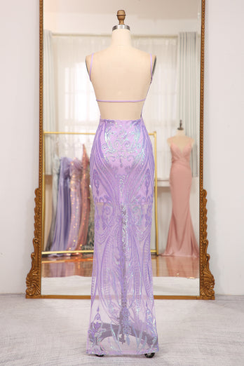 Lilac Mermaid Spaghetti Straps Backless Long Prom Dress With Sequin