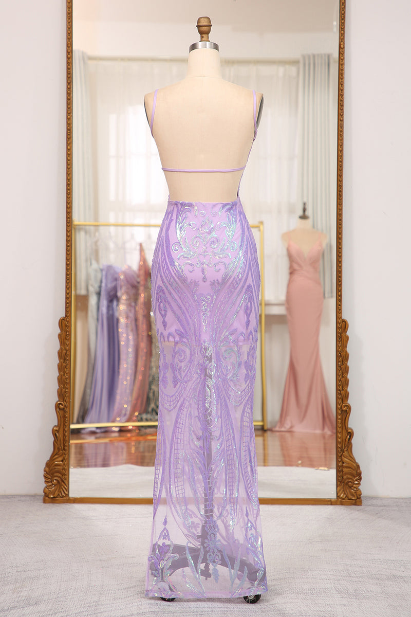 Load image into Gallery viewer, Lilac Mermaid Spaghetti Straps Backless Long Prom Dress With Sequin