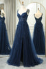 Load image into Gallery viewer, Navy A-Line Spaghetti Straps Tulle Princess Prom Dress with Appliques