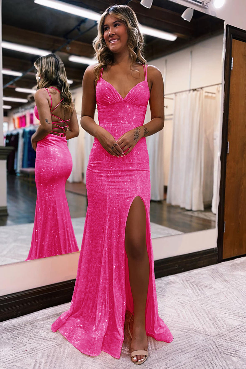 Load image into Gallery viewer, Mermaid Spaghetti Straps Orange Sparkly Prom Dress with Sequins