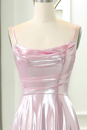 Pink A Line Spaghetti Straps Long Prom Dress with Slit