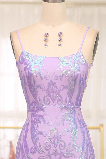 Lilac Mermaid Spaghetti Straps Backless Long Prom Dress With Sequin