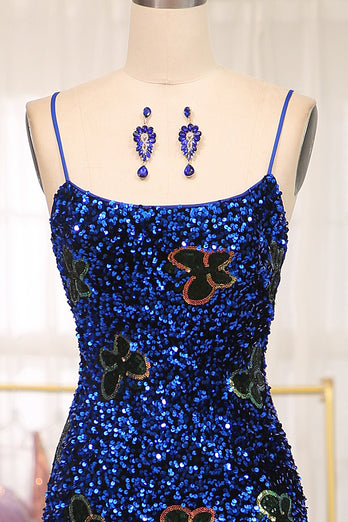 Sparkly Mermaid Navy Spaghetti Straps Long Sequin Prom Dress