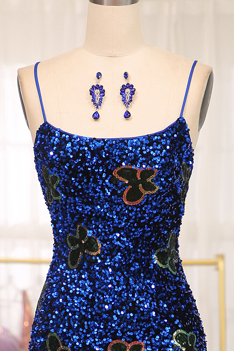 Load image into Gallery viewer, Sparkly Mermaid Navy Spaghetti Straps Long Sequin Prom Dress