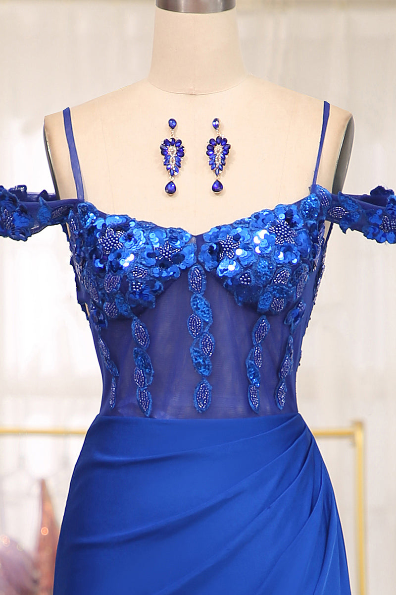 Load image into Gallery viewer, Sparkly Mermaid Royal Blue Off The Shoulder Long Prom Dress With Appliques