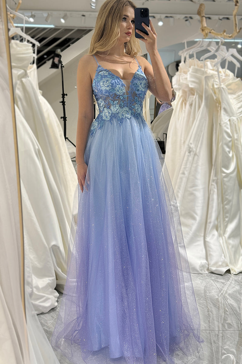 Load image into Gallery viewer, Blue A Line Spaghetti Straps Tulle Long Prom Dress with Appliques