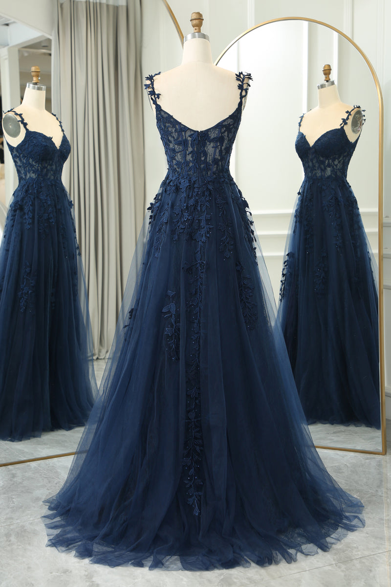 Load image into Gallery viewer, Navy A-Line Spaghetti Straps Tulle Princess Prom Dress with Appliques