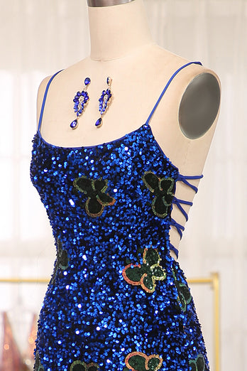 Sparkly Mermaid Navy Spaghetti Straps Long Sequin Prom Dress