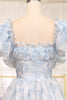 Load image into Gallery viewer, Light Blue Printed A Line Square Neck Long Tiered Prom Dress